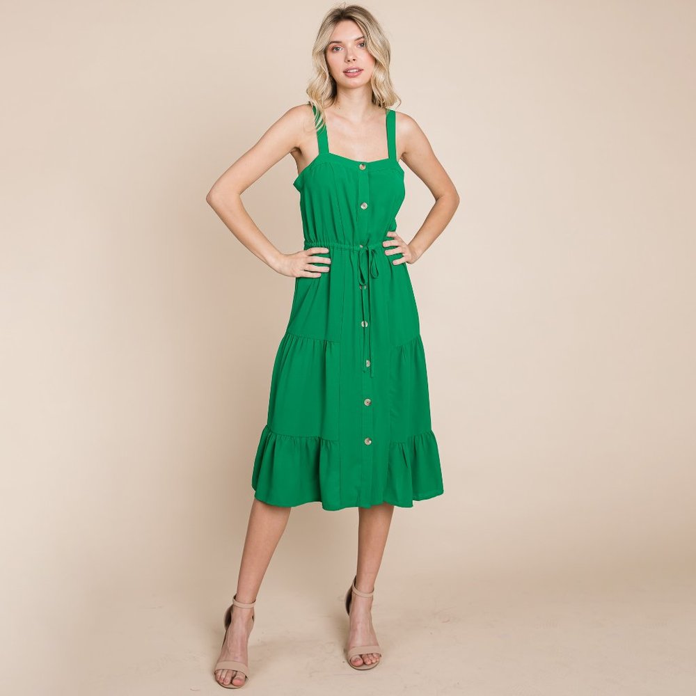 Tiered Square Neck Ruffled Button Midi Sundresses